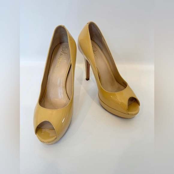 Cole Haan Yellow Patent Leather Peep Toe Heels Size 7 - Picture 1 of 8